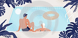 Happy couple having friendly conversation at swimming pool vector flat illustration. Smiling man and woman enjoying