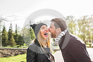 Happy couple having fun and fooling around. Joyful man with woman have nice time. Good relationship.
