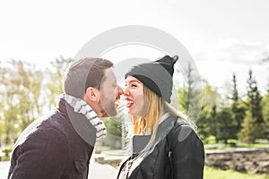 Happy couple having fun and fooling around. Joyful man with woman have nice time. Good relationship.