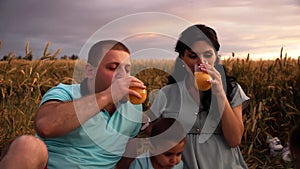 Happy couple having picnic with their son in a summer field on slowmo