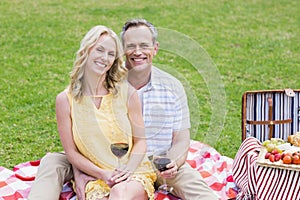 Happy couple having a picnic with wine