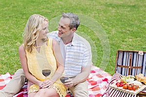 Happy couple having a picnic with wine