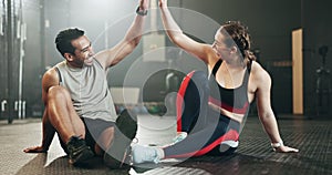 Happy couple, high five and team in fitness workout, exercise motivation or gym together. Man and woman touching hands