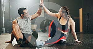 Happy couple, high five and team in fitness workout, exercise motivation or gym together. Man and woman touching hands