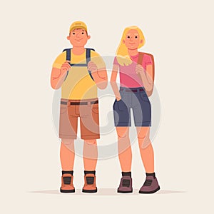 Happy couple hiking tourists over isolated background. Characters of a man and a woman dressed in hiking clothes and with