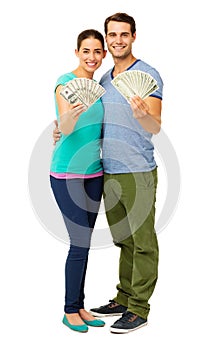 Happy Couple Holding Fanned Us Banknotes