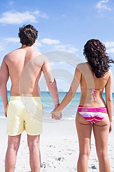 Happy couple holding hands and looking at the sea