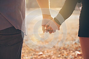 Happy couple holding hands looking in the sunset