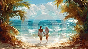 Happy Couple Holding Hands on a Relaxing Beach Walk AI Generated