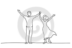 Happy couple holding hands up together One line drawing