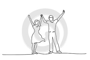 Happy couple holding hands up together One line drawing