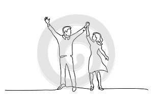 Happy couple holding hands up together One line drawing