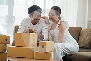 Happy couple at Home office with Online business, Marketing online and freelance