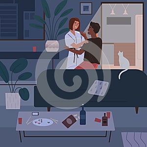 Happy couple hugging and talking after romantic dinner at home in the evening vector flat illustration. Smiling beloved
