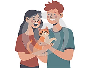 Happy couple hugs a cat. Isolated on white background. Flat illustration for animal shelter