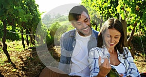 Happy couple interacting and examining the wine bottle 4k