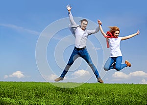 Happy couple jumping. Freedom concept. Free. Jumping People.