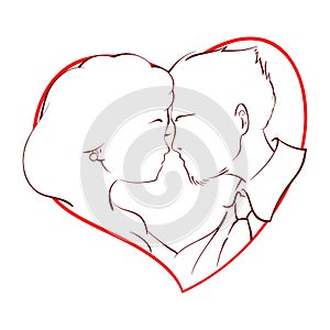 Happy couple kissing inside a red heart