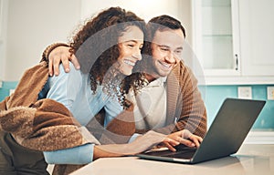 Happy couple, laptop and typing for search, internet or social network for meme in home together. Young man, woman and