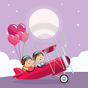 Happy couple in light aircraft with heart balloons, colorful design