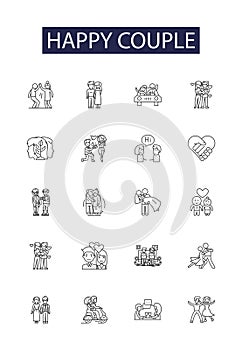 Happy couple line vector icons and signs. joyous, content, wed, thrilled, smitten, beaming, jubilant, united outline photo