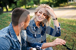 Happy couple in love flirting while dating