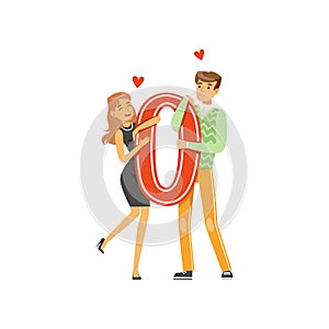 Happy couple in love holding red letter O vector Illustration on a white background