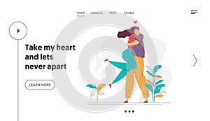 Happy Couple in Love Landing Page Template. Romatic Dating Concept with Man and Woman Characters Hugs Romance