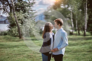 happy couple in love looking at each other .