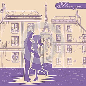 Happy couple in love on Paris street background