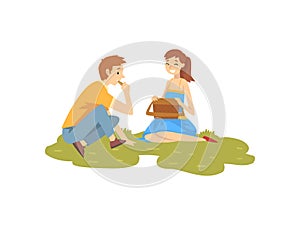 Happy Couple in Love Resting on Grass, Young Man and Woman Having Picnic In Park, Summer Outdoor Activities Vector