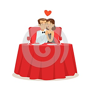 Happy couple in love sitting in embrace in a cafe, romantic date colorful characters vector Illustration
