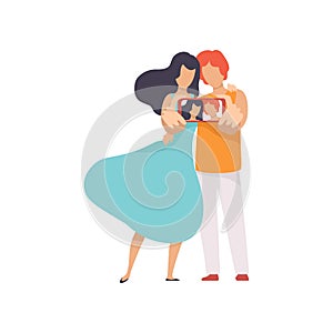 Happy Couple in Love Taking Selfie Photo on Smartphone Vector Illustration