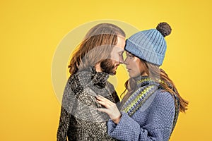 happy couple in love wear knitted clothes in winter, fashion