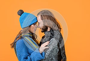 happy couple in love wear knitted clothes in winter, fashion