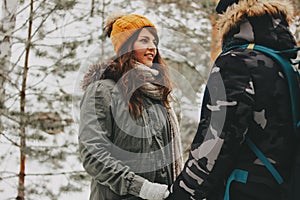 The happy couple in love of young man and woman at forest nature park. Travel adventure love story