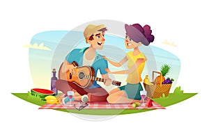 Happy couple of lovers has a picnic on nature. Design of cartoon characters.