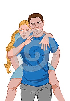 Happy couple, man dressed in gray pants and blue t-shirt carrying his girlfriend in light blue dress on his back