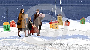 Happy couple, man woman and child walking on snowy day with presents. Preparation. Contemporary art collage.