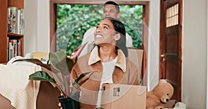 Happy couple, moving and boxes in new home, real estate and property investment in relocation. Man, woman and walking