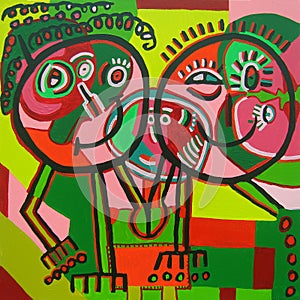 Happy couple naive painting