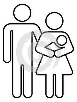 Happy couple with newborn baby black line icon