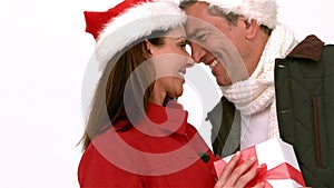 Happy couple nose-to-nose holding christmas gift