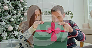 Happy couple opening magical present boxes near Christmas. Man and woman family celebrating Christmas time at home.