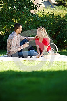 Happy, couple and picnic in park with basket for food, snacks and drink in outdoor. Man, woman and smiling in enjoying