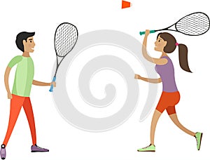 Happy couple playing badminton vector icon isolated on white