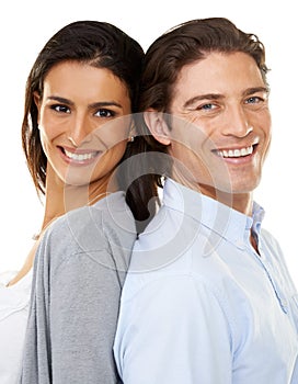 Happy couple, portrait smile and back together in relationship isolated against a white studio background. Woman and man