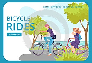 Happy couple racing on bikes, bicicle rides, sports walk, vector illustration. Active healthy lifestyle young people photo