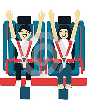 Happy couple raise arms roller coaster seatbelt vector graphics illustration