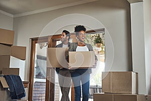 Happy couple, real estate and boxes in new home for renovation, investment or relocation together. Interracial man and